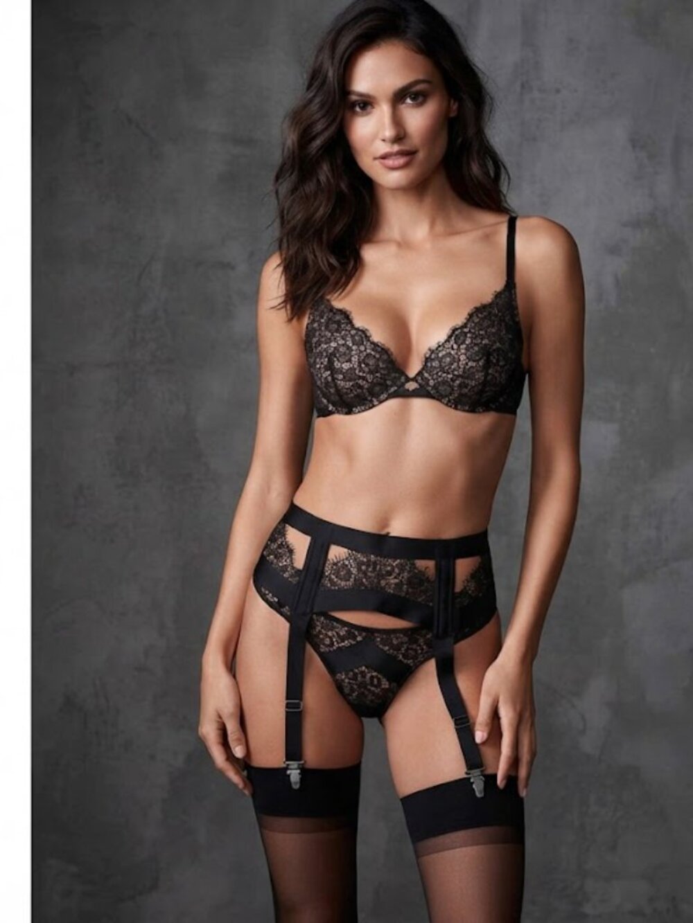 2Pc Matching Set‎ Panty Thong Small + Garter Belt XS/S Floral Lace